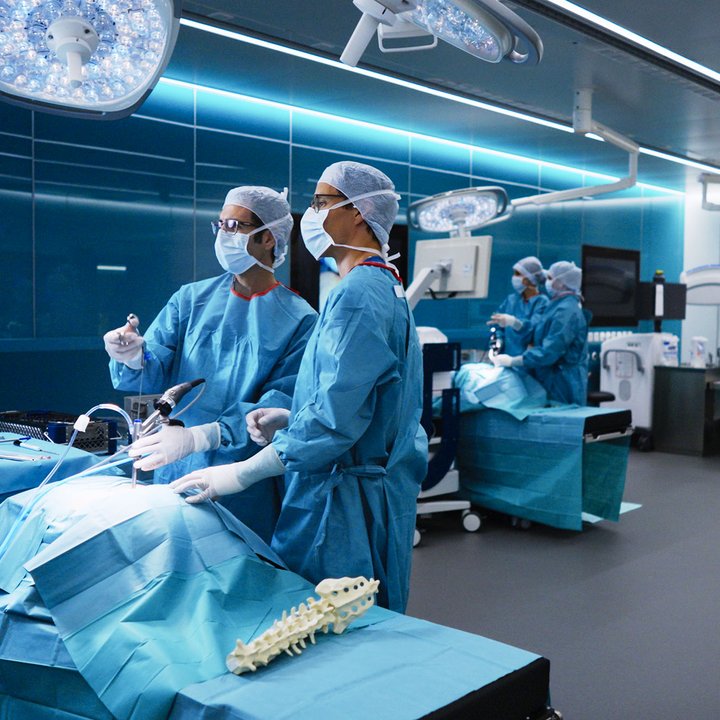 surgesons using the endoscopy technique in the skills lab.